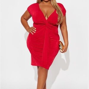 Fashion Nova Red Knot-Front V-Neck Midi Dress